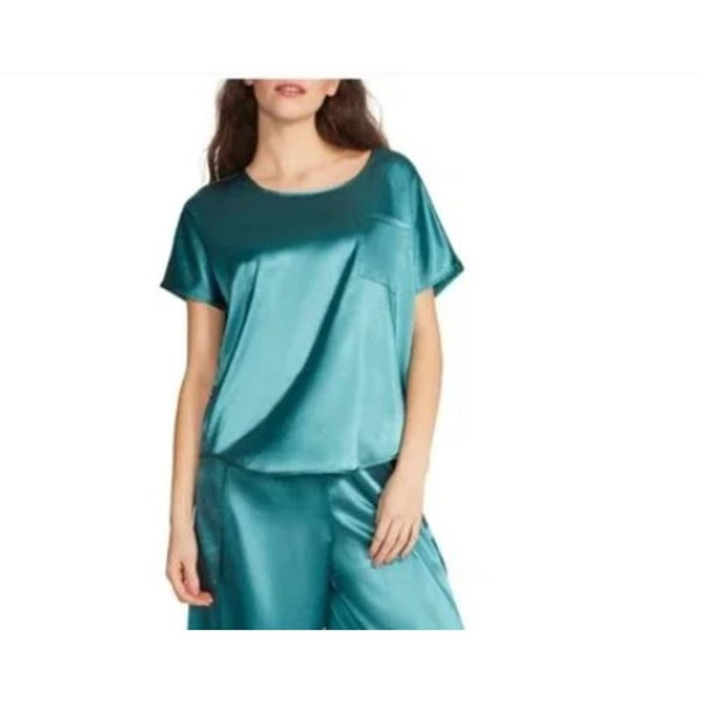 BB Dakota Teal Satin Silky Short Sleeve Chest Pocket Lounge Boxy Top Size Large